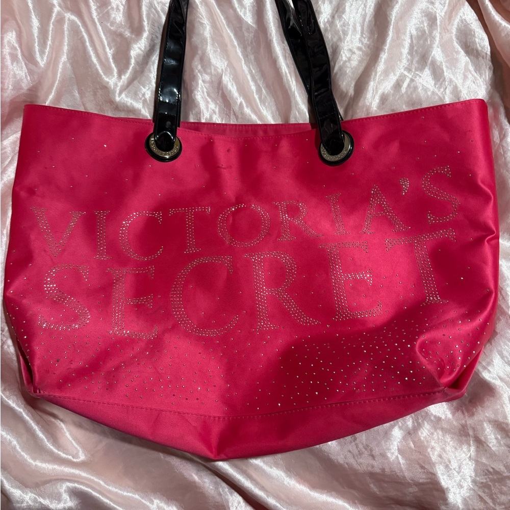 Victoria's Secret Fuchsia Tote with Black Handles